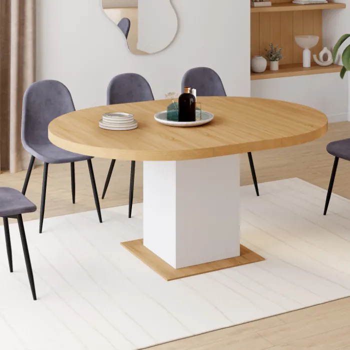 Table à manger extensible ronde 120-160 cm 4-8 personnes bois et blanc