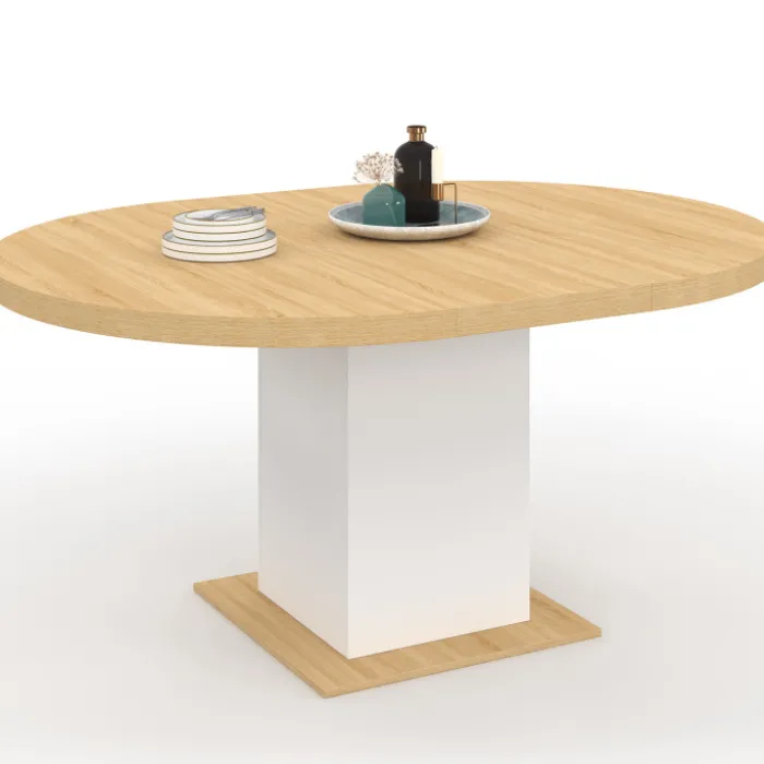 Table à manger extensible ronde 120-160 cm 4-8 personnes bois et blanc