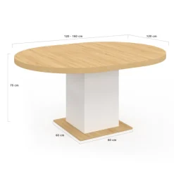 Table à manger extensible ronde 120-160 cm 4-8 personnes bois et blanc