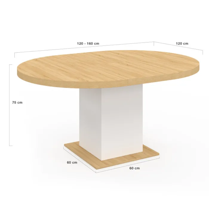 Table à manger extensible ronde 120-160 cm 4-8 personnes bois et blanc