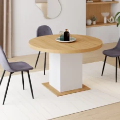 Table à manger extensible ronde 120-160 cm 4-8 personnes bois et blanc