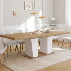 Table à manger extensible rectangle 8-12 personnes bois et blanc 200-250 cm