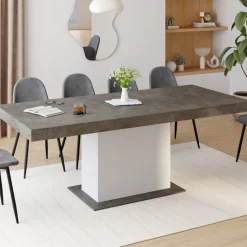 Table à manger extensible béton et blanc 6-10 personnes 160-200 cm