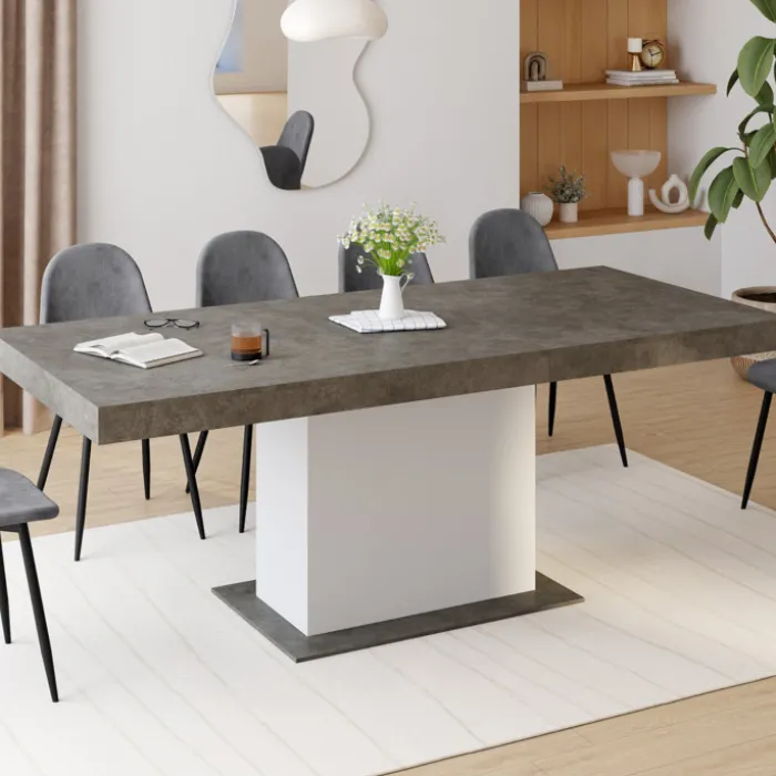 Table à manger extensible béton et blanc 6-10 personnes 160-200 cm