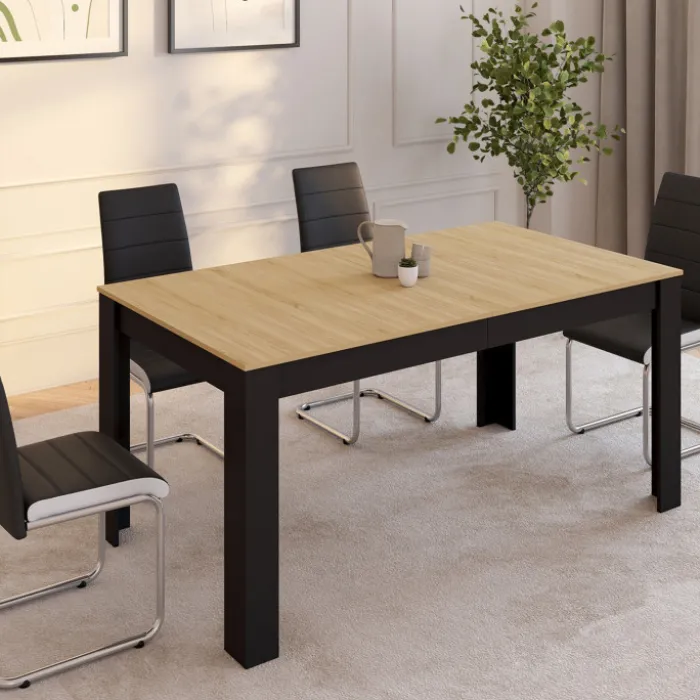 Table à manger extensible rectangle ROZY 6-10 personnes noire plateau façon hêtre 160-200 cm