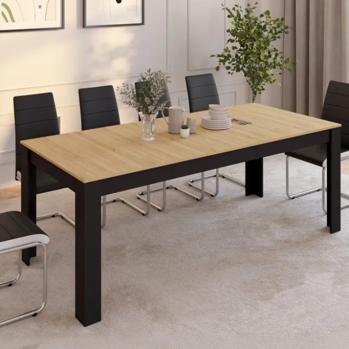 Table à manger extensible rectangle ROZY 6-10 personnes noire plateau façon hêtre 160-200 cm