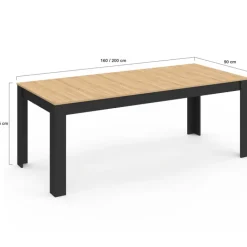 Table à manger extensible rectangle ROZY 6-10 personnes noire plateau façon hêtre 160-200 cm