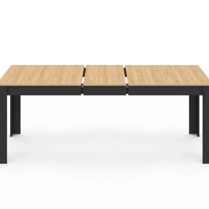 Table à manger extensible rectangle ROZY 6-10 personnes noire plateau façon hêtre 160-200 cm