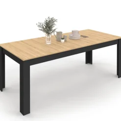 Table à manger extensible rectangle ROZY 6-10 personnes noire plateau façon hêtre 160-200 cm