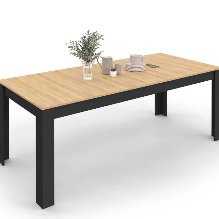 Table à manger extensible rectangle ROZY 6-10 personnes noire plateau façon hêtre 160-200 cm