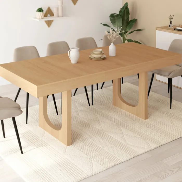 Table à manger extensible rectangle 4-8 personnes pied arc bois effet hêtre 160-200 cm