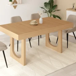 Table à manger extensible rectangle 4-8 personnes pied arc bois effet hêtre 160-200 cm