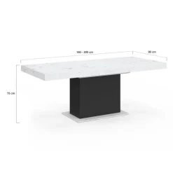 Table à manger extensible 160-200 cm 6-10 personnes plateau effet marbre blanc pied noir