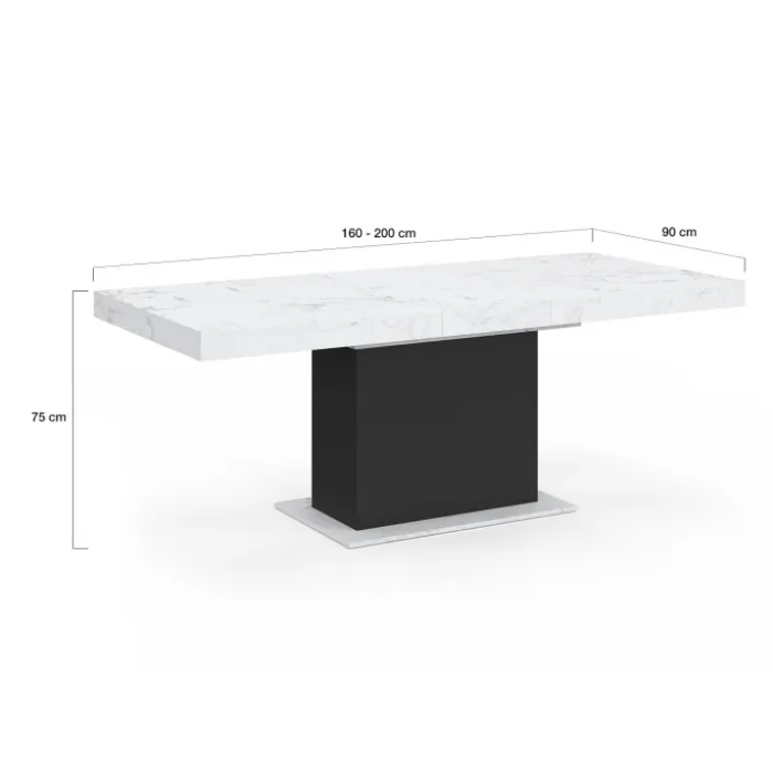 Table à manger extensible 160-200 cm 6-10 personnes plateau effet marbre blanc pied noir