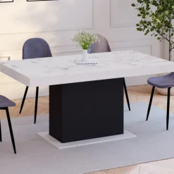 Table à manger extensible 160-200 cm 6-10 personnes plateau effet marbre blanc pied noir