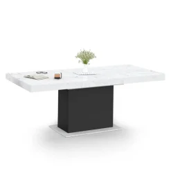 Table à manger extensible 160-200 cm 6-10 personnes plateau effet marbre blanc pied noir