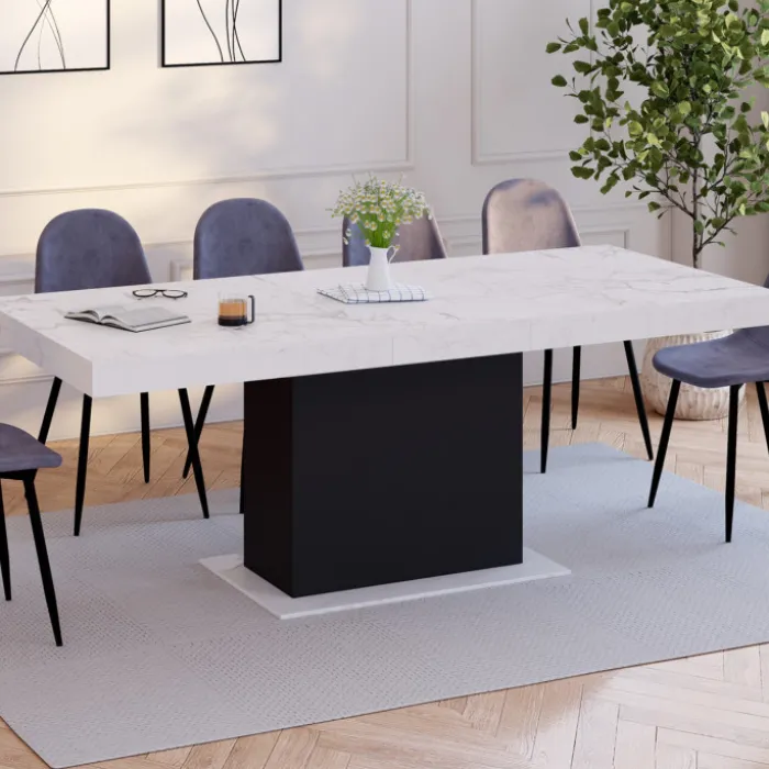 Table à manger extensible 160-200 cm 6-10 personnes plateau effet marbre blanc pied noir