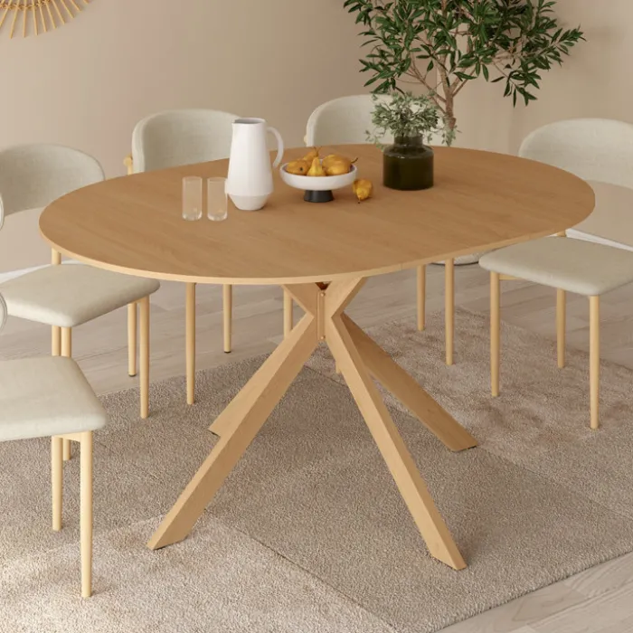 Table à manger extensible ronde 4-8 personnes pied araignée bois effet hêtre 110-150 cm