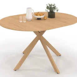 Table à manger extensible ronde 4-8 personnes pied araignée bois effet hêtre 110-150 cm