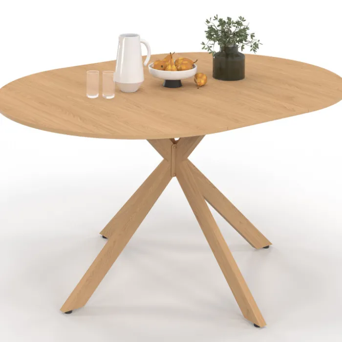 Table à manger extensible ronde 4-8 personnes pied araignée bois effet hêtre 110-150 cm