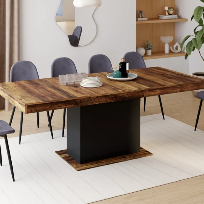 Table à manger extensible rectangle bois foncé et noir