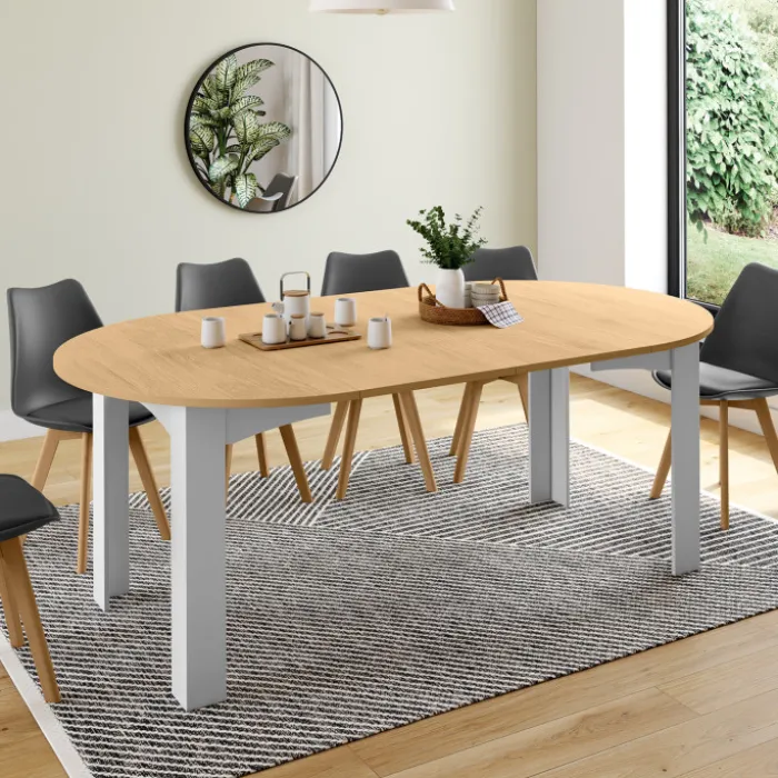 Table à manger extensible ronde 4-10 personnes blanche plateau façon hêtre 110-200 cm