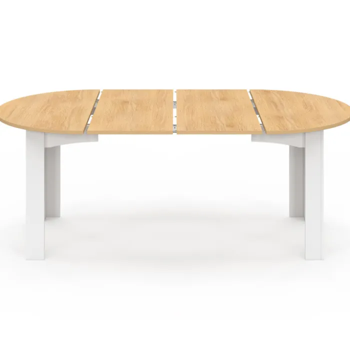 Table à manger extensible ronde 4-10 personnes blanche plateau façon hêtre 110-200 cm