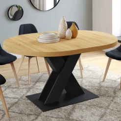 Table à manger extensible ronde 4-8 personnes bois et noir 110 - 150cm