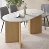 Table à manger extensible 6 -10 personnes plateau ovale marbre blanc et bois façon hêtre 160-200 cm