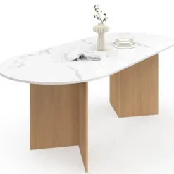 Table à manger extensible 6 -10 personnes plateau ovale marbre blanc et bois façon hêtre 160-200 cm