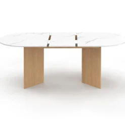 Table à manger extensible 6 -10 personnes plateau ovale marbre blanc et bois façon hêtre 160-200 cm