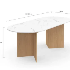 Table à manger extensible 6 -10 personnes plateau ovale marbre blanc et bois façon hêtre 160-200 cm