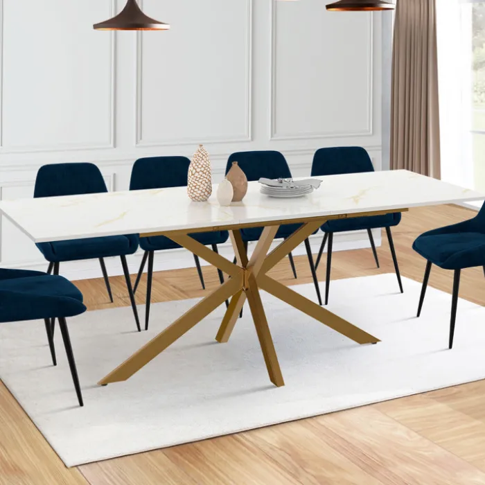 Table à manger extensible rectangulaire de 160-200 cm pour 6 à 10 personnes à effet marbre