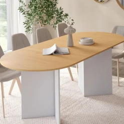 Table à manger extensible 6 -10 personnes plateau ovale bois façon hêtre et blanc 160-200 cm