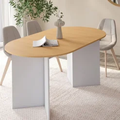 Table à manger extensible 6 -10 personnes plateau ovale bois façon hêtre et blanc 160-200 cm