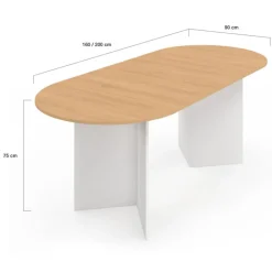 Table à manger extensible 6 -10 personnes plateau ovale bois façon hêtre et blanc 160-200 cm
