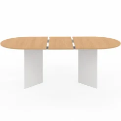 Table à manger extensible 6 -10 personnes plateau ovale bois façon hêtre et blanc 160-200 cm