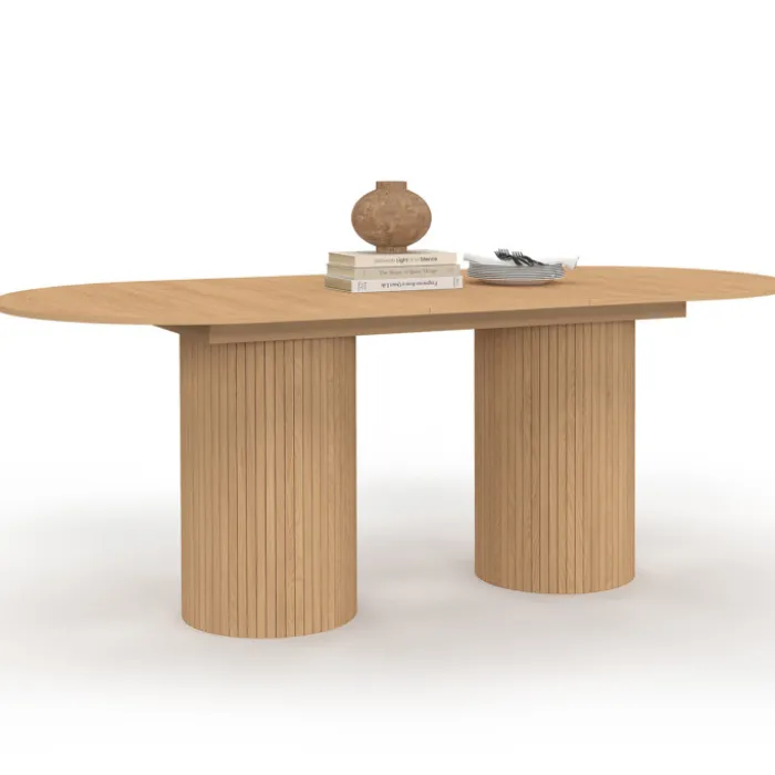 Table à manger extensible ovale 6-10 personnes pieds cylindriques effet lattes 160-200 cm