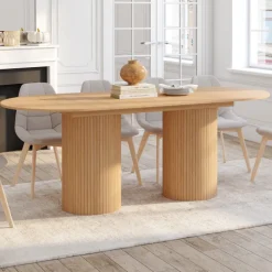 Table à manger extensible ovale 6-10 personnes pieds cylindriques effet lattes 160-200 cm