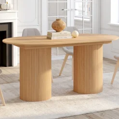 Table à manger extensible ovale 6-10 personnes pieds cylindriques effet lattes 160-200 cm