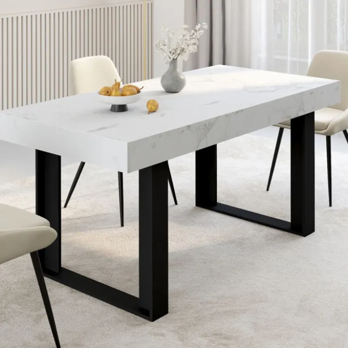 Table à manger extensible rectangulaire 200 cm pour 8 personnes effet marbre et noir