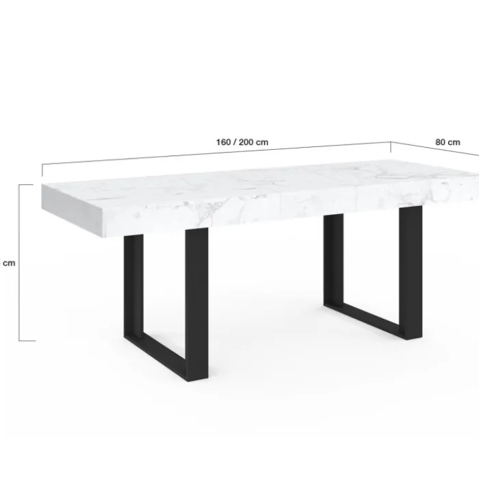 Table à manger extensible rectangulaire 200 cm pour 8 personnes effet marbre et noir
