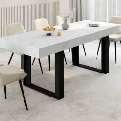 Table à manger extensible rectangulaire 200 cm pour 8 personnes effet marbre et noir