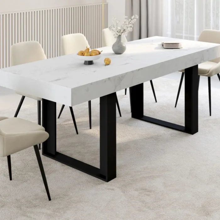 Table à manger extensible rectangulaire 200 cm pour 8 personnes effet marbre et noir