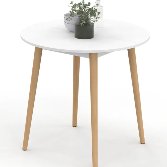 Table à manger fixe ronde 4 personnes blanc pieds bois 80 cm