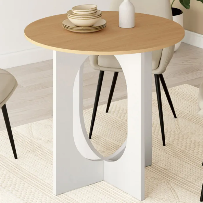 Table à manger fixe ronde 4 personnes pied arc blanc et bois 80 cm