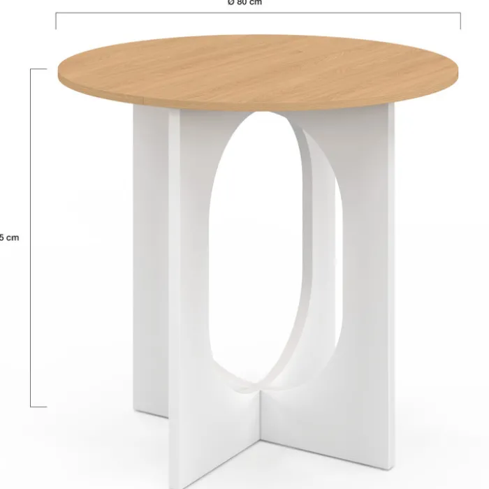 Table à manger fixe ronde 4 personnes pied arc blanc et bois 80 cm