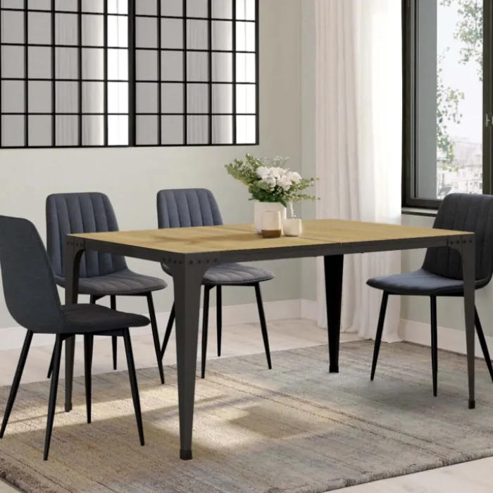 Table à manger industrielle bois et noir 8 personnes