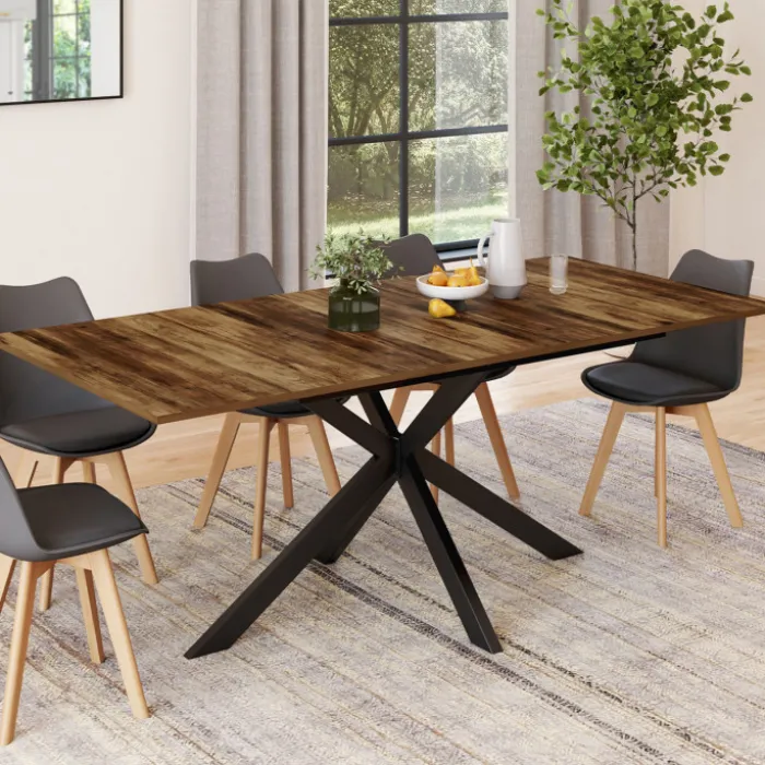 Table à manger industrielle extensible 6-10 personnes bois foncé 160-200 cm