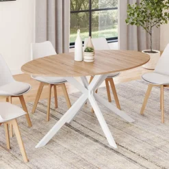 Table à manger ovale 150 cm 8 personnes plateau bois et pied araignée métal blanc